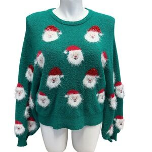 Tracies Womens Green Santa Face Novelty Christmas Sweater XL